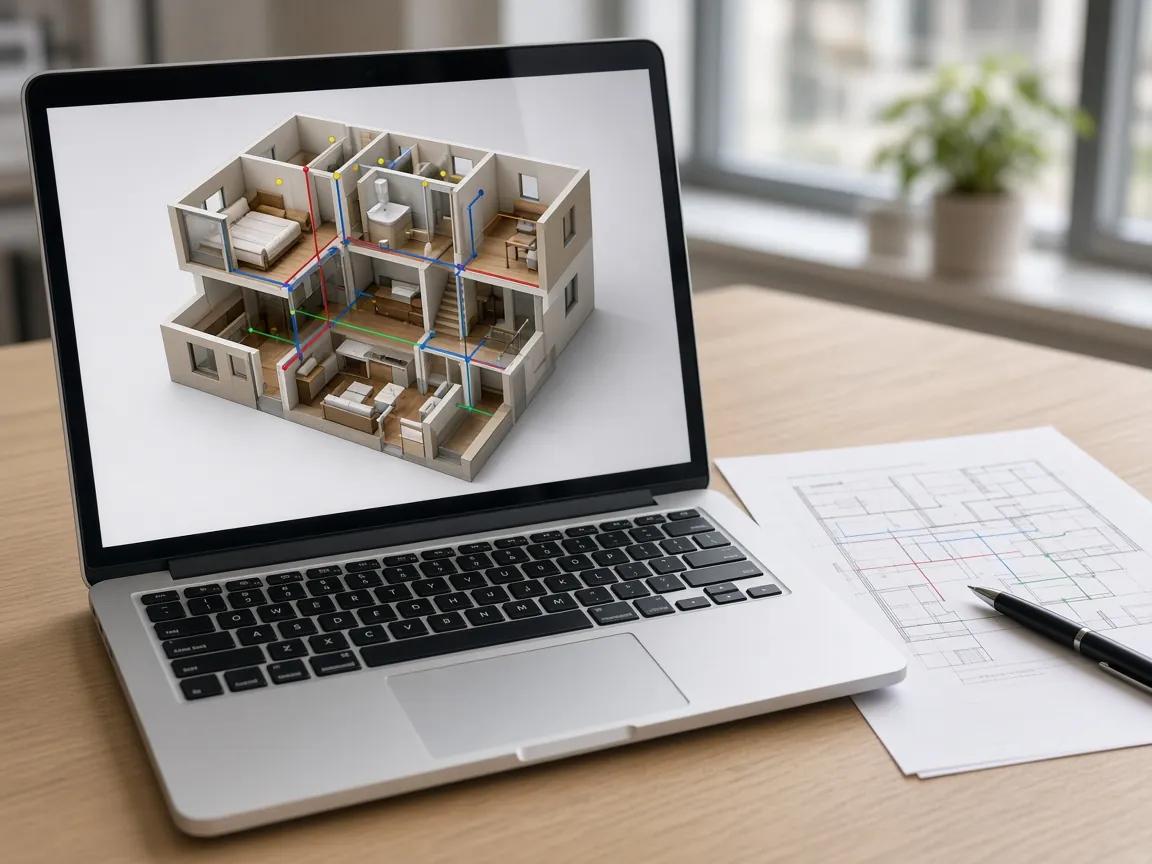 Рабочее место проектировщика с 3D-моделью квартиры
